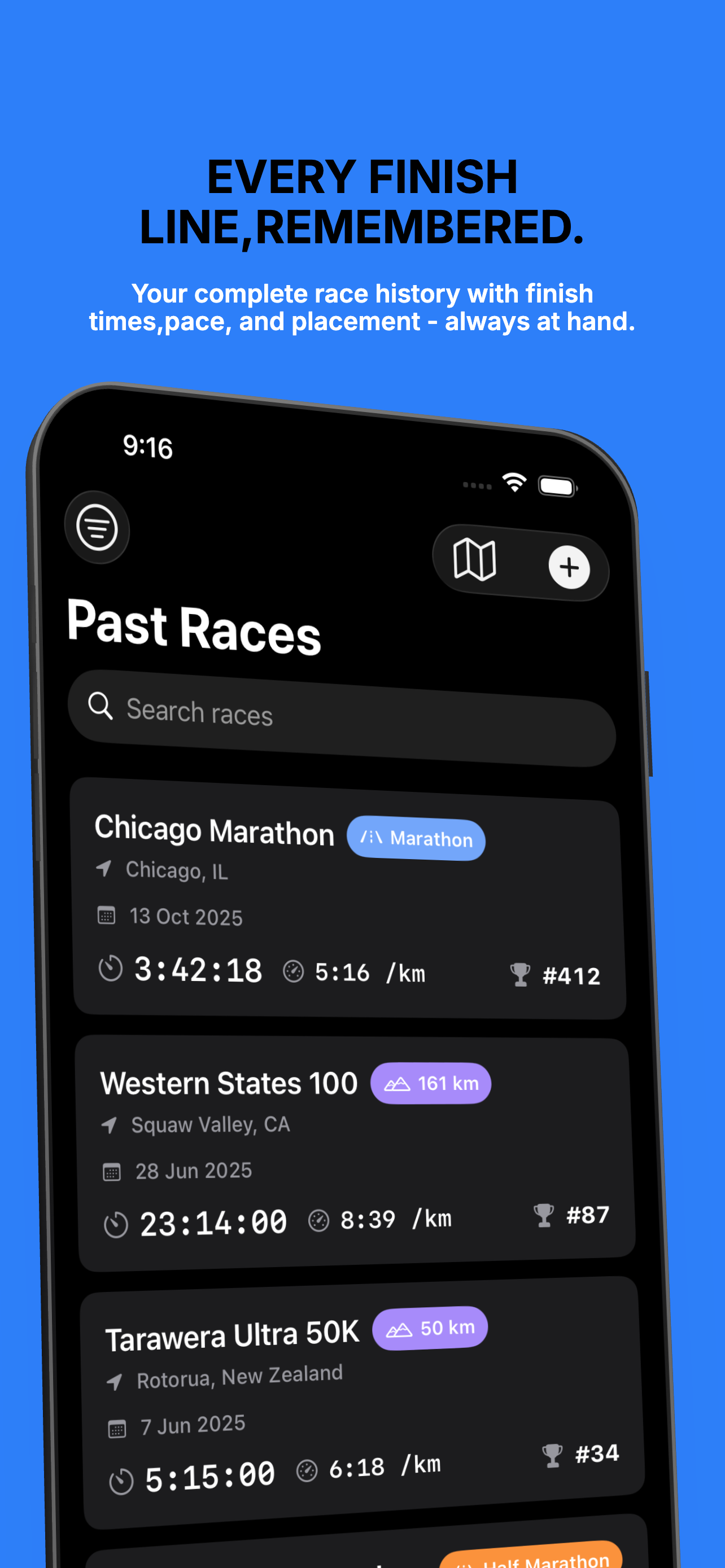 Past Races screen