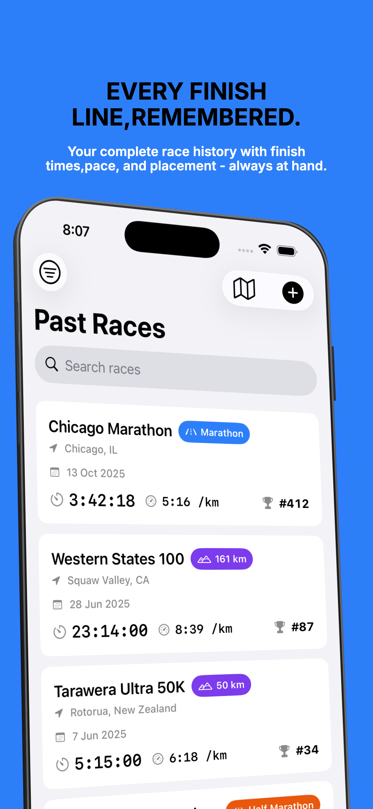 Past Races screen