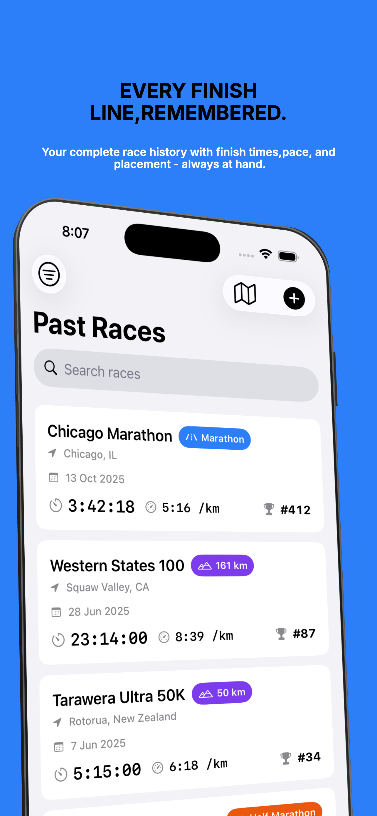Past Races screen